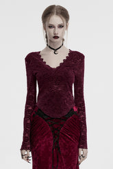 Red V Collar Long Sleeves Lace Sheer Women's Gothic Blouse
